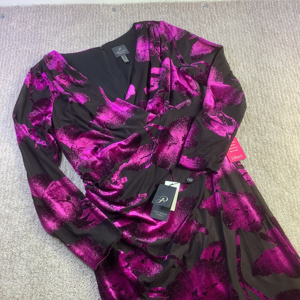 Adrianna Papell Surplus Velvet Floral Black Purple Midi Dress Size 12 NWT